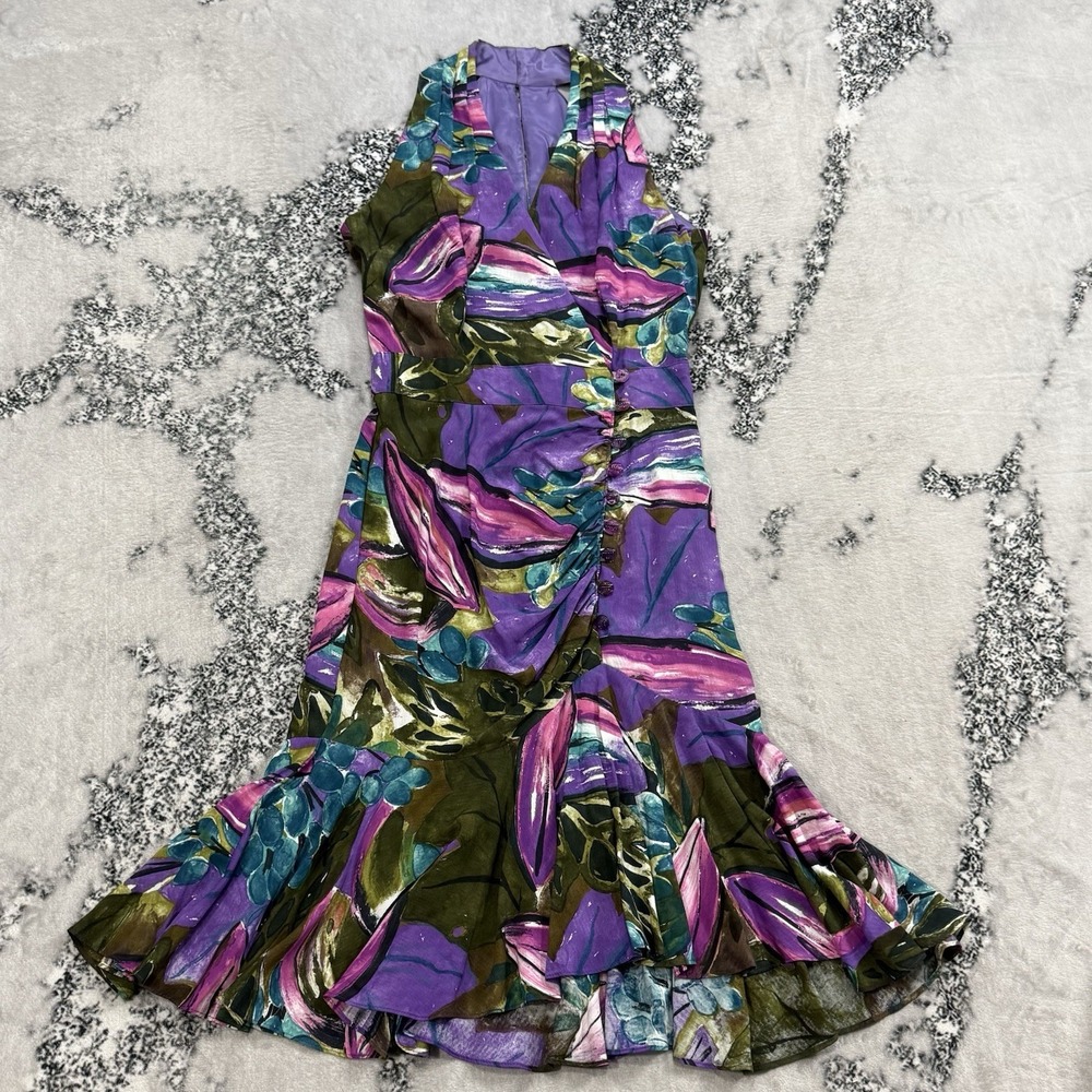 Vintage Barbara Barbara Dress Womens 10 Rayon Floral Print Purple Button Front